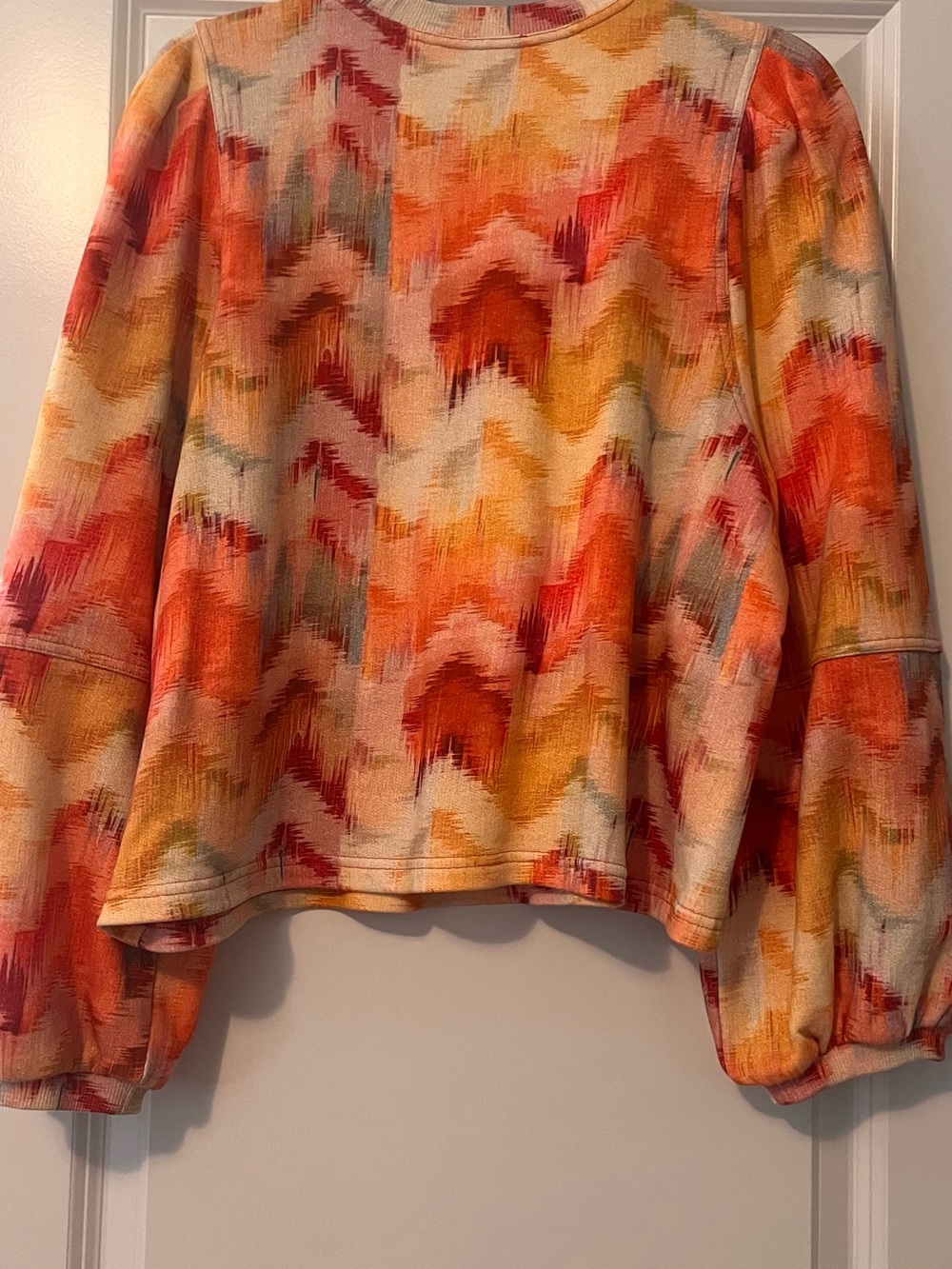 ba&sh Multicolor Chevron Puff-Sleeve Top in Orange, Cream & Pink